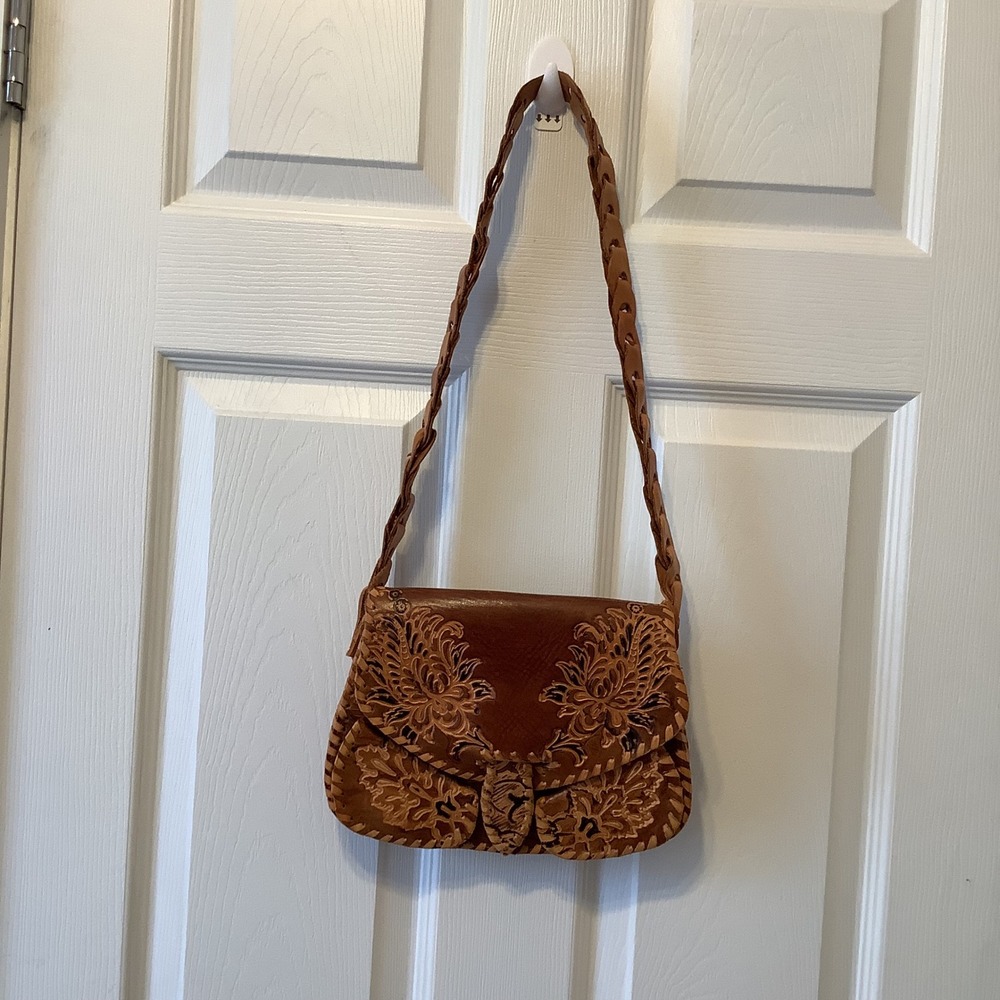 Vintage Hand Tooled Leather Floral Camel Crossbody Bag Brown Whipstitch Boho